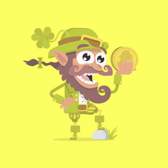 Leprechaun holding a gold coin on Saint Patrick's Day. Goblin of Ireland. Cartoon character, vector illustration, flat design.