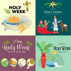 Set for Christianity holy week before easter, Lent and Palm or Passion Sunday, Good Friday crucifixion of Jesus and his death, Stations of Cross, God Last Supper Crown of thorns vector illustration