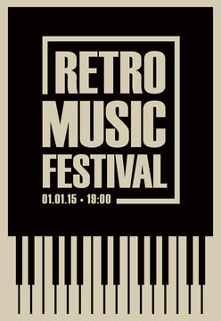 Vector poster for retro music festival with piano keys in retro style on black background