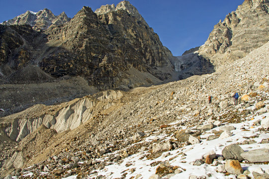 Nepal, Tilman Pass Approach Great Himalayan Trail , Rocks and Glacier