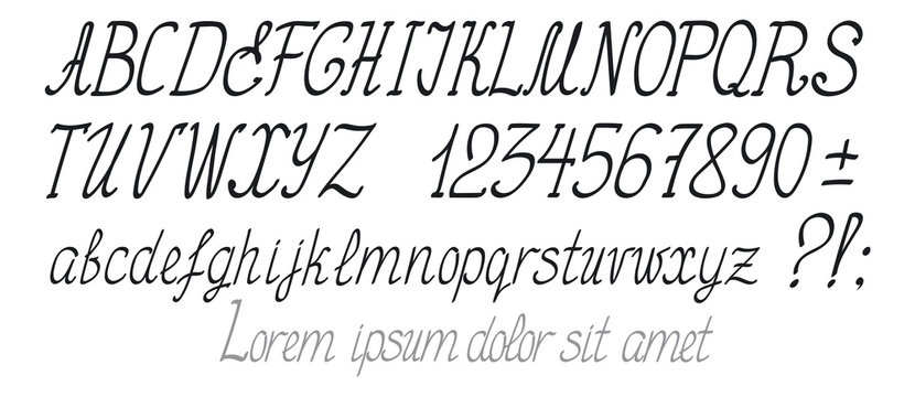 Vector alphabet, handwritten lettering with digits and signs