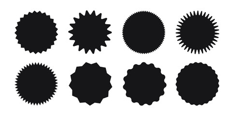 Set of vector starburst, sunburst badges. Black icons on white background. Simple flat style vintage labels, stickers. 