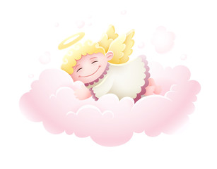 Pretty Angel cupid baby with wings sleeping at pink fluffy cloud