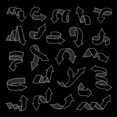 Shaded arrows on black background. Hand-drawn, hatching, outline. Vector illustration.