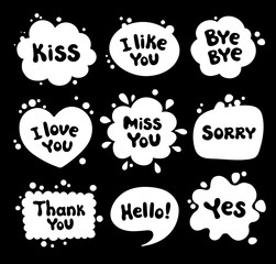 Set of comic style speech bubbles. Collection various blots with, message, phrases, words, expressions. White balloons with text on black background.
