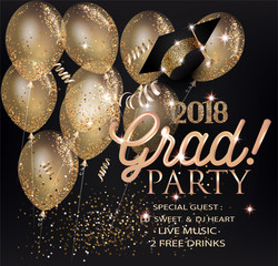 GRADUATION PARTY INVITATION CARD WITH GOLD AIR BALLOONS, SERPENTINE AND GRADUATION CAP. VECTOR ILLUSTRATION