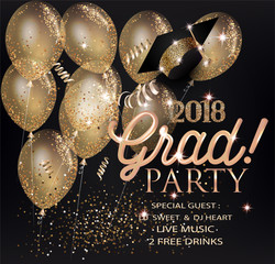 GRADUATION PARTY INVITATION CARD WITH GOLD AIR BALLOONS, SERPENTINE AND GRADUATION CAP. VECTOR ILLUSTRATION © unona613