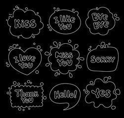 Set of different shapes of thought bubbles, round, oval, square. Hand drawn cartoon doodle. Vector illustration.