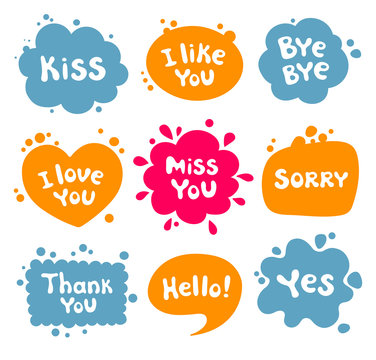 Bright multi-colored dialog clouds with words and phrases. Vector illustration.