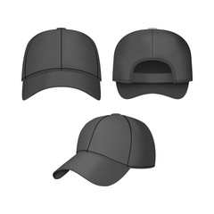 Realistic 3d Black Baseball Cap Set. Vector