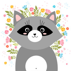 Vector cartoon sketch raccoon illustration with spring and summer flowers