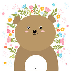 Vector cartoon sketch bear illustration with spring and summer flowers