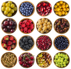 Set of fresh summer fruits and berries isolated on white. Collage of different colors fruits and berries. Top view. Various fresh summer.