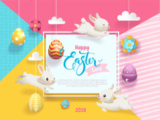 Happy Easter Sale card decorated eggs hanging on strings abstract background, funny little bunnies, square frame and Happy Easter hand lettering. Vector illustration for holiday greeting card