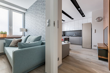 Contemporary sofa and bright kitchen