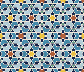 Fototapeta premium Abstract geometric pattern, marbled stars and hexagonal tiles in Islamic style, textured seamless vector illustration