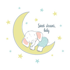 Naklejka premium Sweet dreams. A little elephant sleep on the moon
