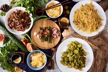 Chinese home made meal: Overhad flat lay
