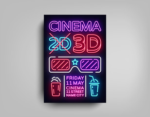 Cinema 3d poster design template in neon style. Neon Sign, Light Banner, Bright Light Flyer, Design Postcard, Promotional Brochure, Neon Night Cinema Advertising, Night Session. Vector Illustrations