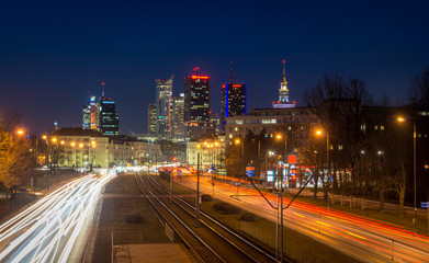 Fototapeta na wymiar Night view of downtown in the center of Warsaw, Poland