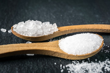 Different types of salt. Top view on two wooden spoons