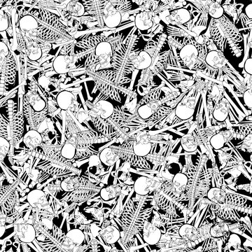 The boneyard jumble / 3D illustration of abstract black and white cartoon style skeleton bones background