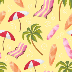 Fototapeta na wymiar beach equipment loungers, palm tree, board, umbrella, seamless pattern