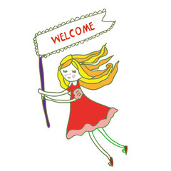 Welcome banner with small girl for kids - sketchy style, vector graphic illustration