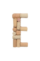 Alphabet letter E from wine corks isolated on white background