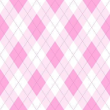 Pink argyle seamless pattern background.Diamond shapes with dashed lines. Simple flat vector illustration.