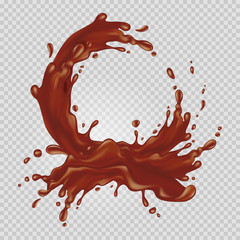 Plakat Chocolate flowing in a circle. Realistic splash of liquid chocolate isolated on a transparent background. Element for your design. Vector illustration. 