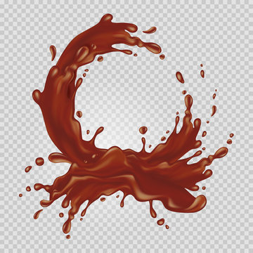 Chocolate flowing in a circle. Realistic splash of liquid chocolate isolated on a transparent background. Element for your design. Vector illustration. 