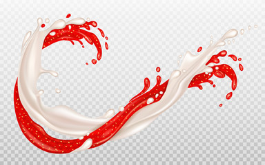 Strawberry jam and yogurt. Splashes of milk and Strawberry jam are intertwined. Transparent Red splash. Element for advertising or packaging dairy products or cosmetics. Vector illustration. 