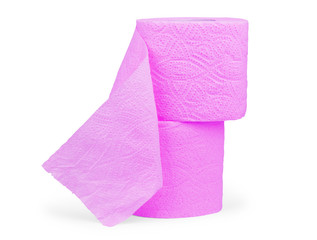 The roll of pink toilet paper isolated on white background