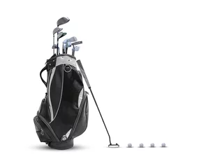Poster Golftas, golfbal en gezicht evenwichtige putter met Super Stroke putter grip geïsoleerd op een witte achtergrond © sarapon