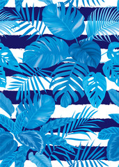 Fototapeta premium Tropical seamless pattern with palm leaves on blue background. Vector set of exotic tropical garden for holiday invitations, greeting card and fashion design.
