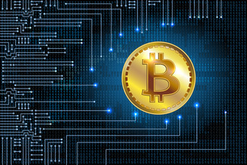 Virtual symbols of the coin bitcoin on binary code background