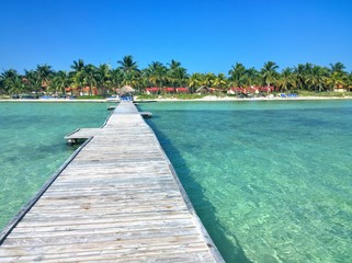 Fototapeta na wymiar Blue sky over a beautiful tropical beach with green palm trees and pier. Cayo Guilermo , Cuba