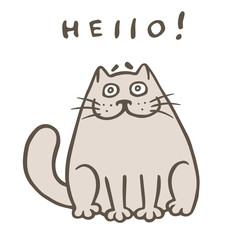 Cute fat orange cat says hello. Vector Illustration.