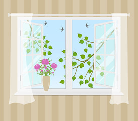 Open window with curtains on a striped background. Outside the window there are tree branches with green leaves. There is a bouquet of pink peonies on the windowsill. Vector illustration