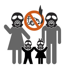 Car ban to curb air pollution. Family with gasmasks demands driving restrictions to improve air quality