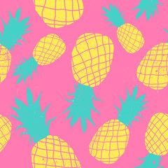 Vector seamless pineapple fruit crazy colors pattern. Very bright colorful cute cartoon background wallpaper, fabric . Childish style, abstract pop art on pink. Grunge texture trendy style.