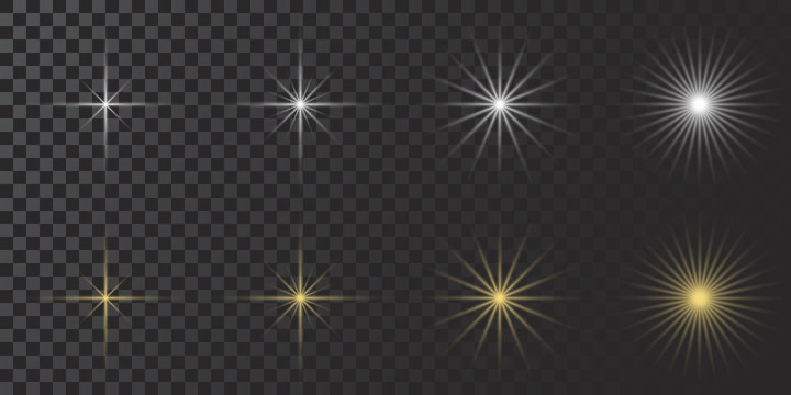 Vector glowing lights effect, flare, explosian and stars. Special Set effect isolated on transparent background.White. Gold. Yellow.
