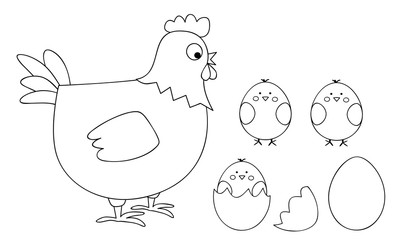 coloring page for children - vectors illustration with a hen and cute chicks, egg and egg shells 
