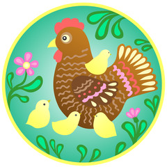 vector family, brown hen with yellow chickens. circle logo