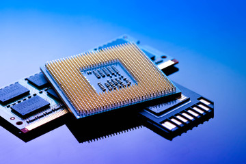 technology cyber electronic concept. cpu ram computer on blue light background