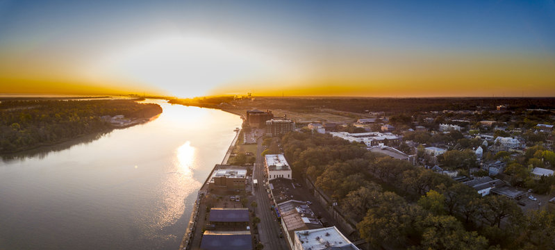 Aerial view of River Street in Savannah, Georgia at dawn.