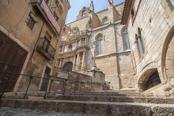 Street view,historic buildings and churchl in historic center of medieval village of Montblanc, province Tarragona, Catalonia.Spain.