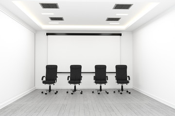 Board room - empty office concept , business interior with chairs and plants and wooden floor on white wall empty. 3D rendering
