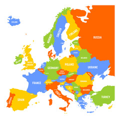 Naklejka premium Map of Europe with names of sovereign countries, ministates and Kosovo included. Simplified vector map in four colors theme on white background.